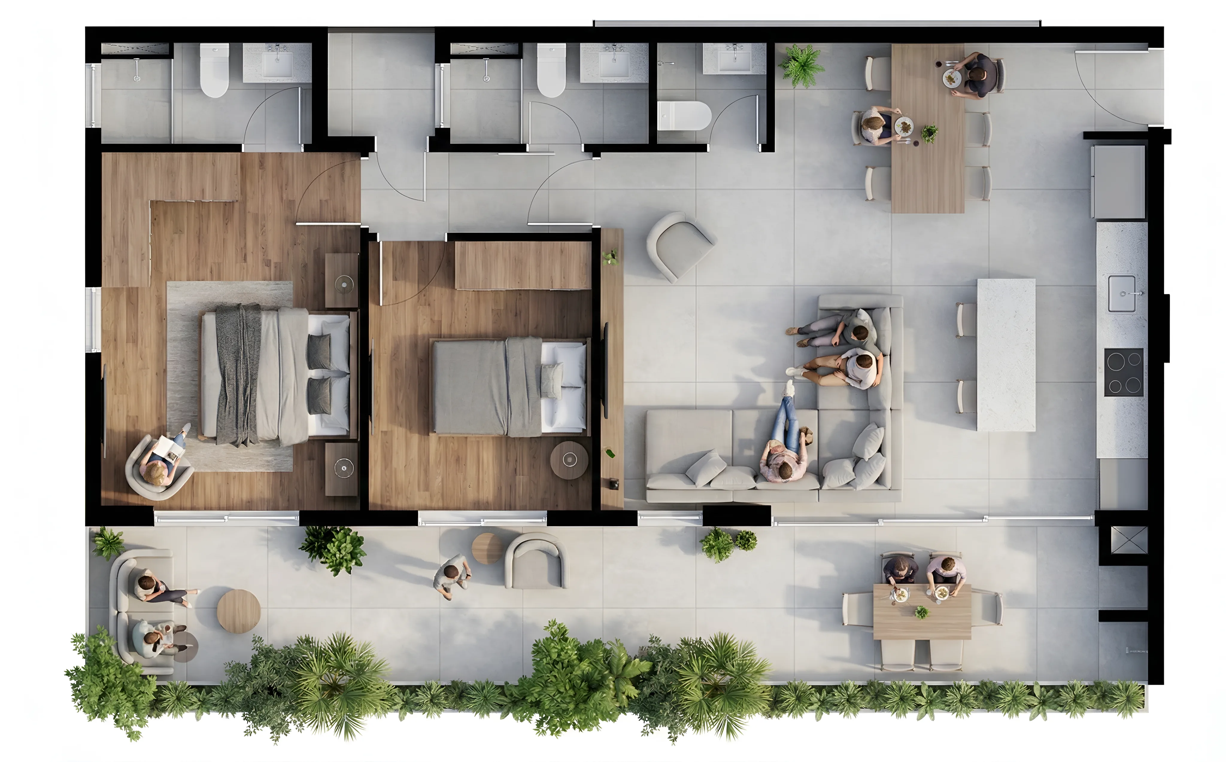 Planta humanizada do apartamento 201 do Vista São Lourenço, 91,70 m² privativos, 2 quartos com 1 suíte