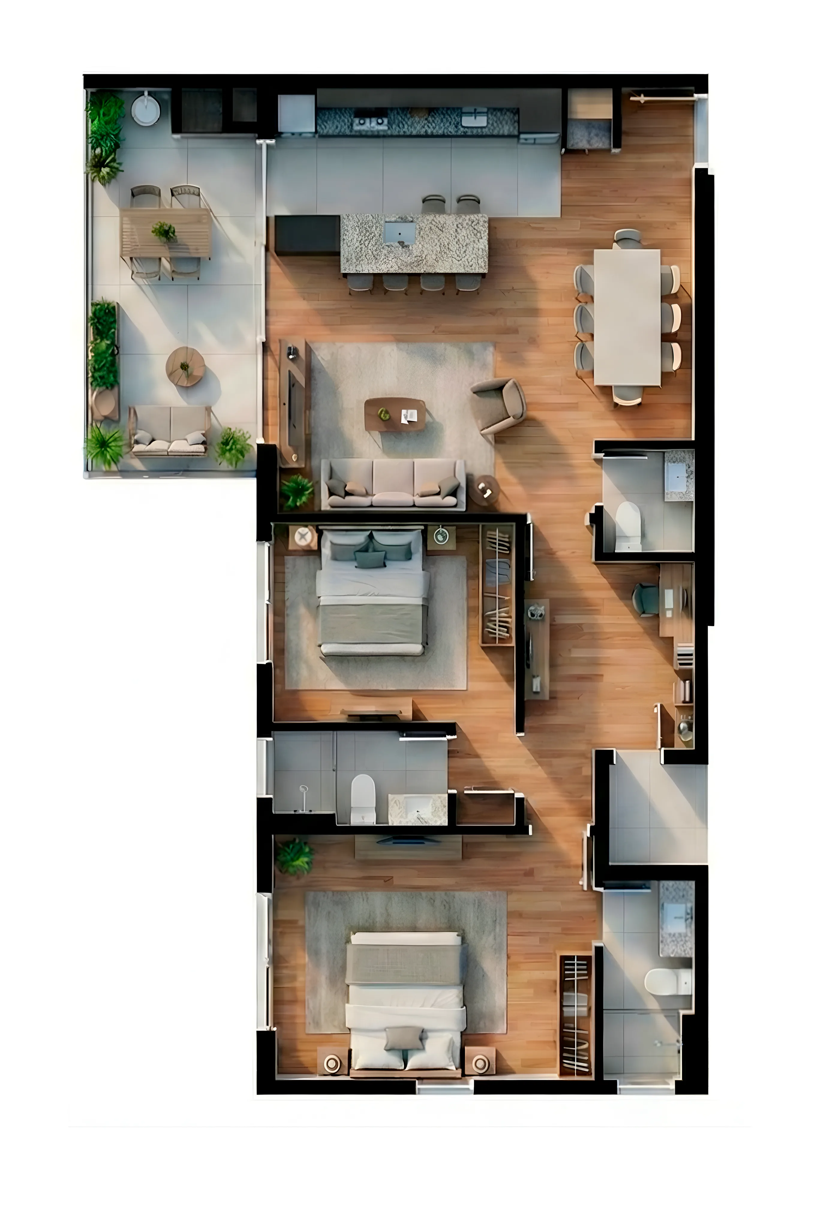 Planta humanizada do apartamento 302 do Vista São Lourenço, 91,22 m² privativos, 2 quartos com 1 suíte