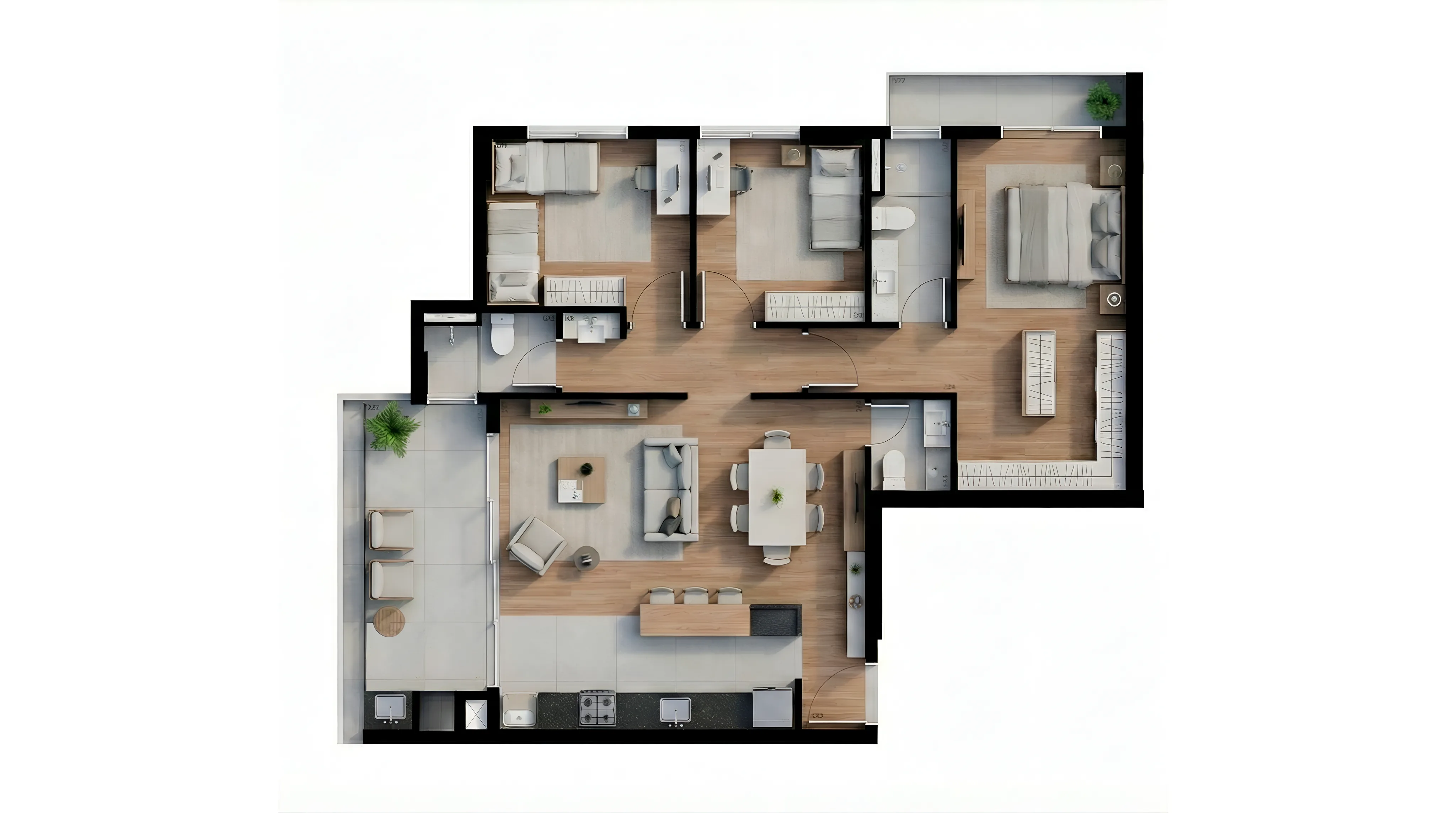 Planta humanizada do final 03 do Vista São Lourenço, 99,33 m² privativos, 3 quartos com 1 suíte