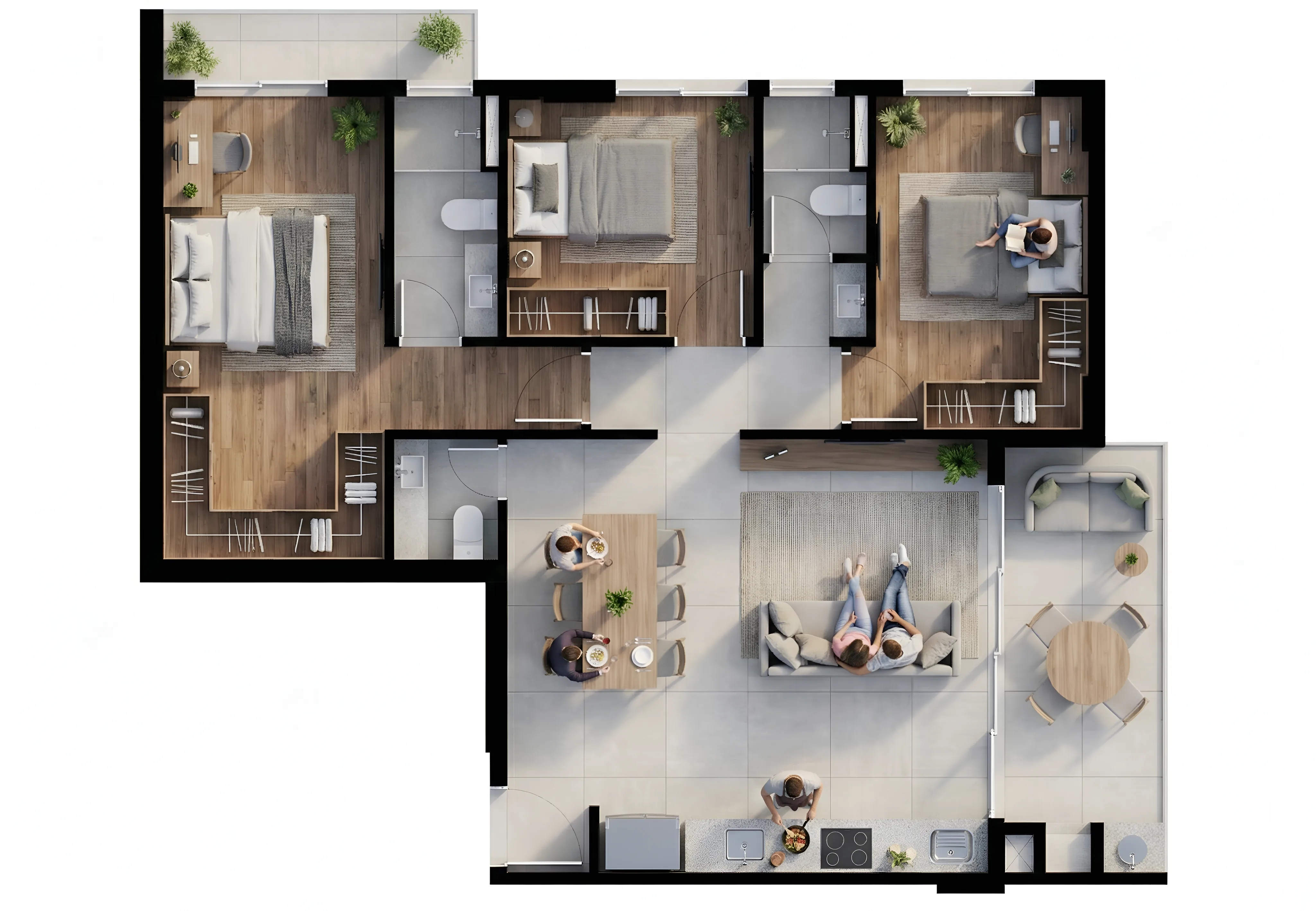 Planta humanizada do final 06 do Vista São Lourenço, 102,04 m² privativos, 3 quartos com 1 suíte