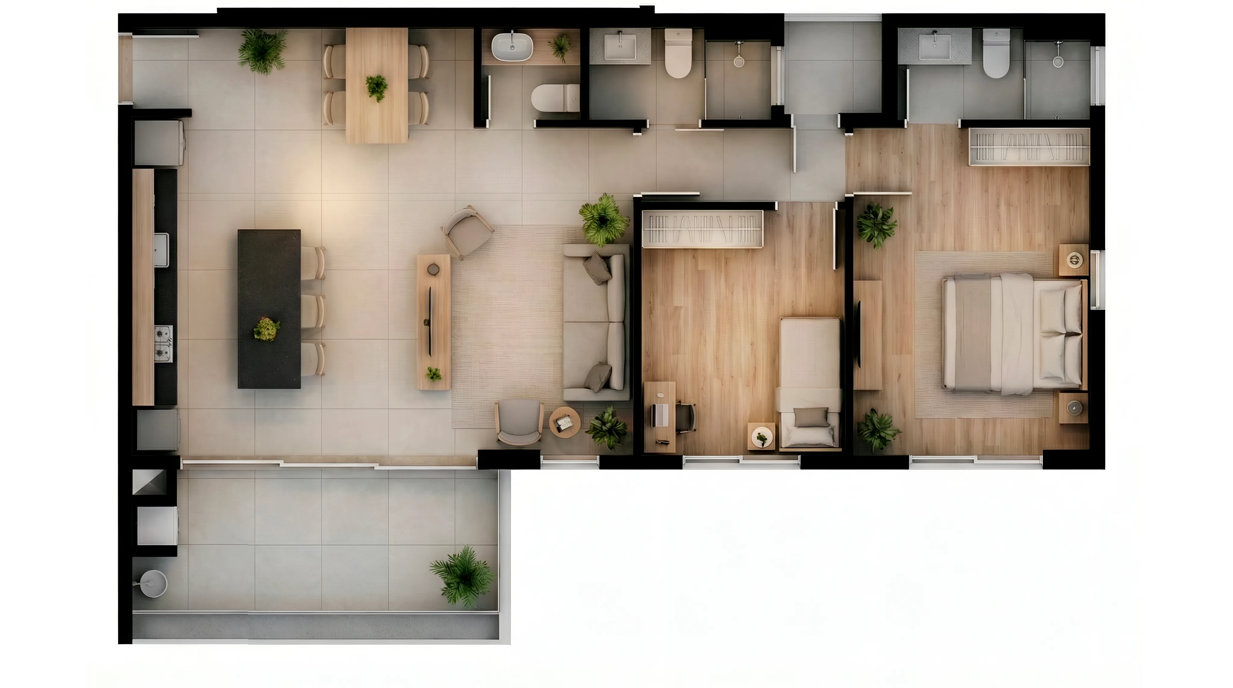 Planta humanizada do final 08 do Vista São Lourenço, 91,70 m² privativos, 2 quartos com 1 suíte