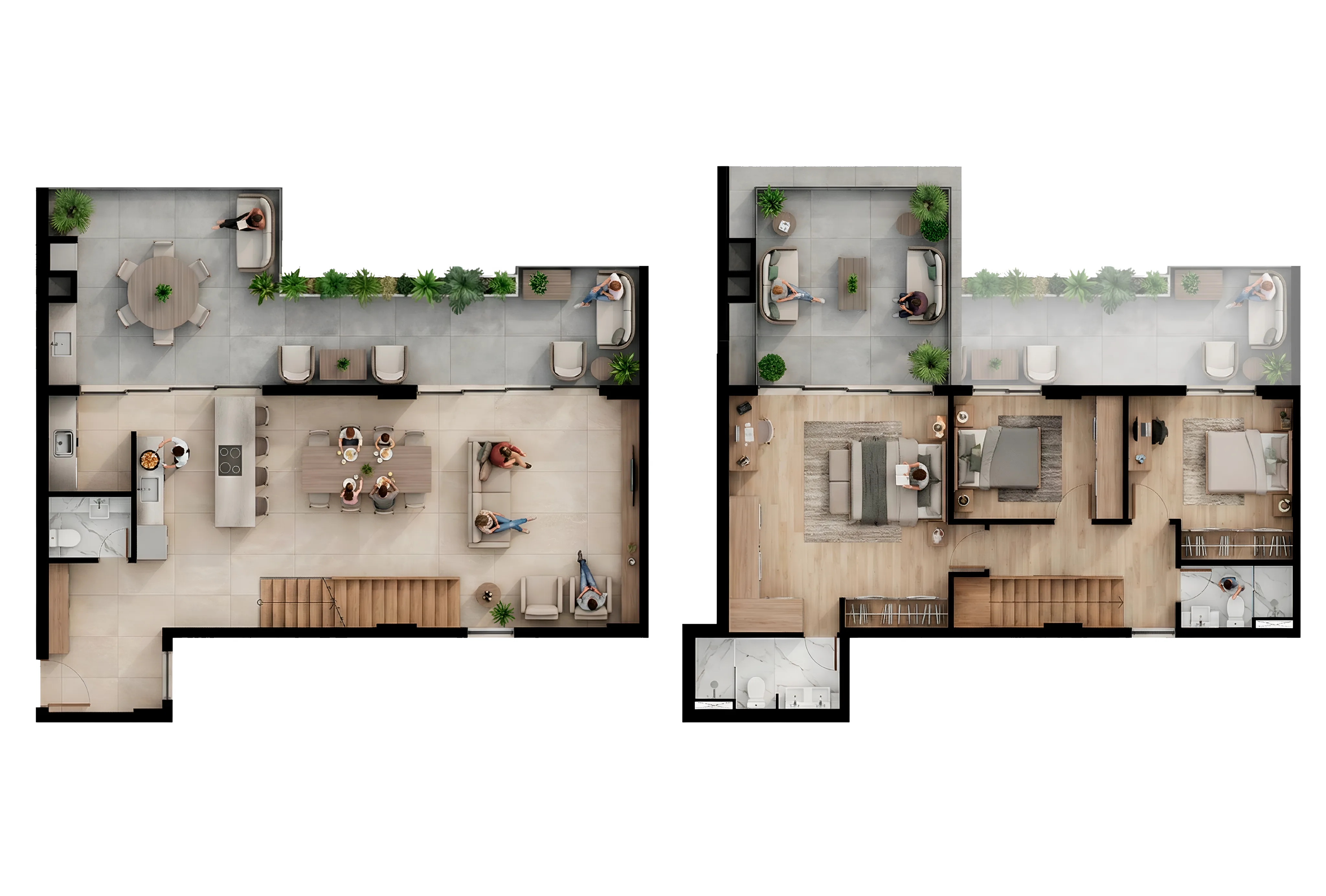 Planta humanizada das coberturas 404 e 405 do Vista São Lourenço, 156,25 m² privativos, duplex com terraço de 33,18 m²